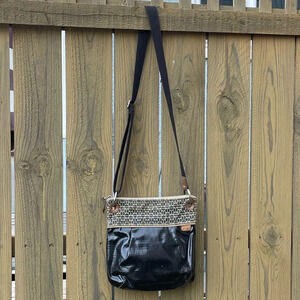 Fossil Key-Per Satchel Handbag Black Waxed Canvas Crossbody
